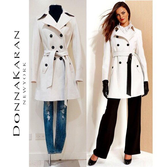 💋CHIC GLAM💋DKNY DOUBLE BREASTED WOOL BELTED COAT IN BLACK WHITE